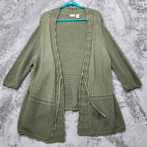 NorthCrest Sweater Womens‎ 3X Green Tie Front 3/4 Sleeve Open Knit Ramie Cotton
